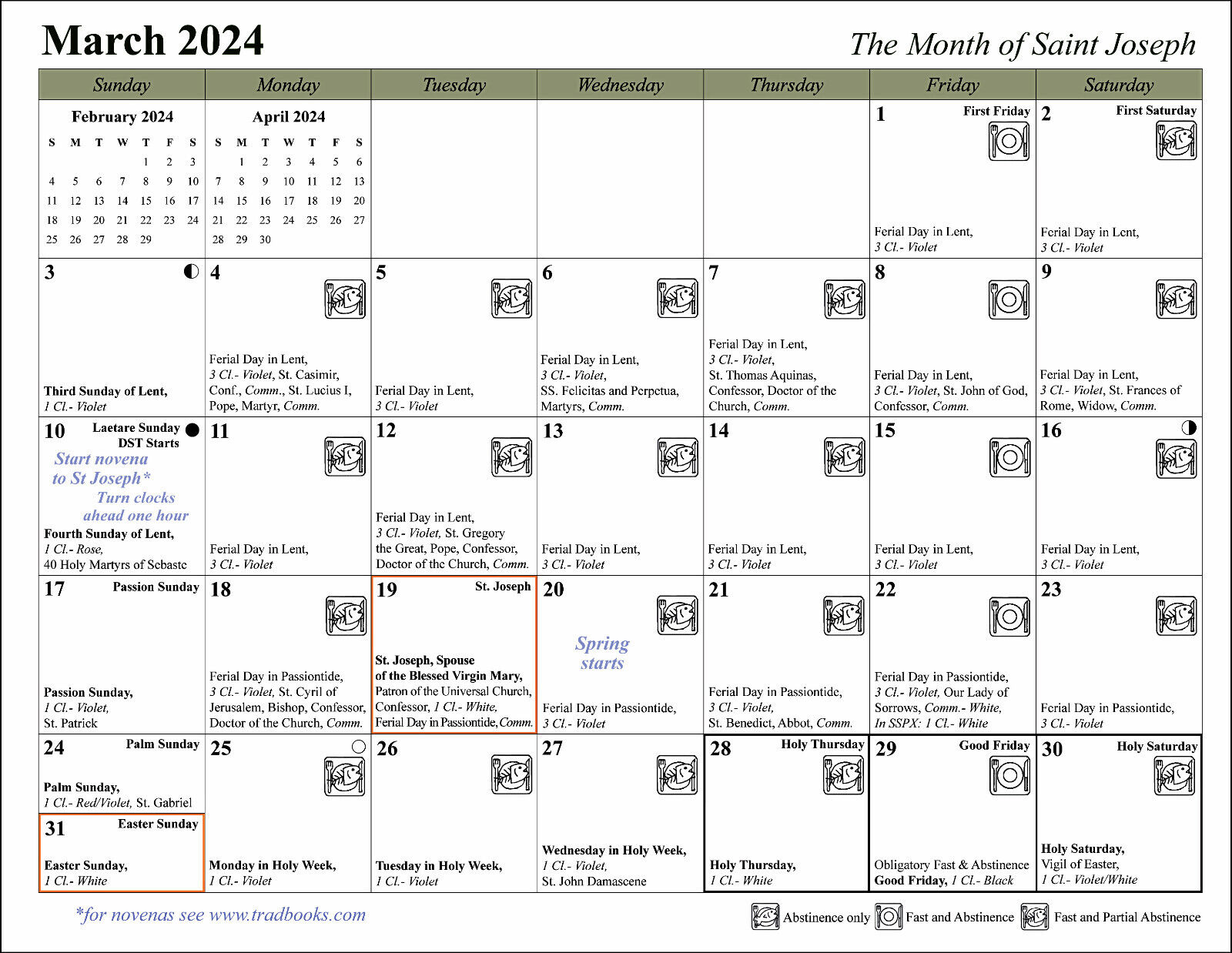 2024 Traditional Catholic Calendar Sacramentals Saints Fasts Feasts