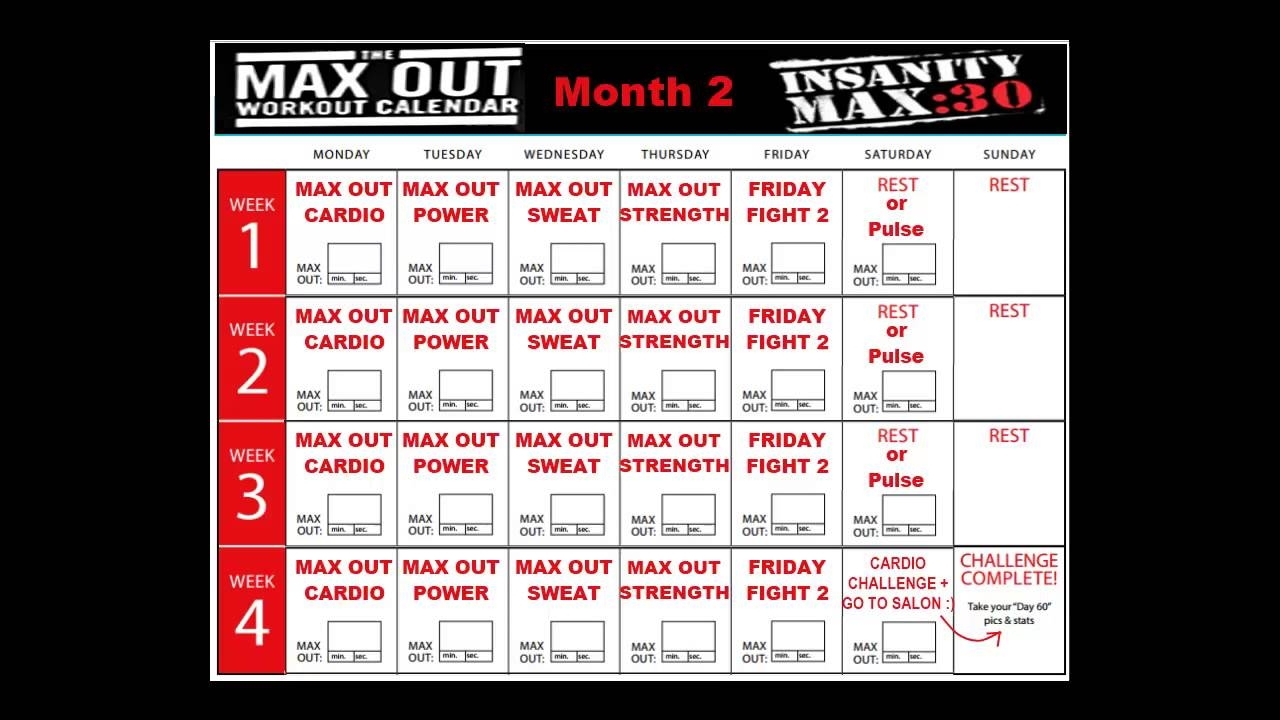 Insanity 30 Max Calendar Calendar Productivity Hacks