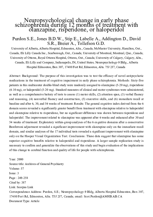 Neuropsychological Change In Early Phase Schizophrenia During 12 Months