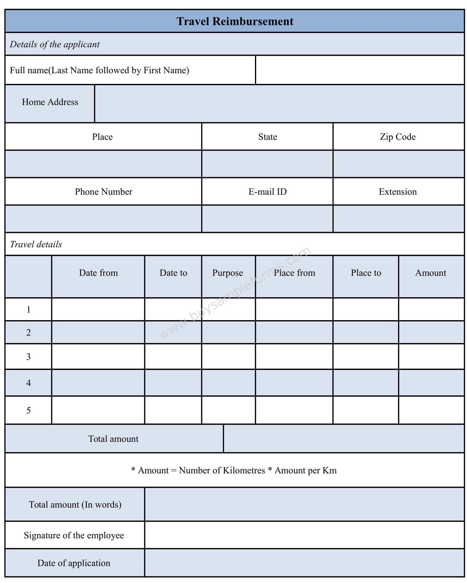 Sample Travel Reimbursement Form Template Sample Forms