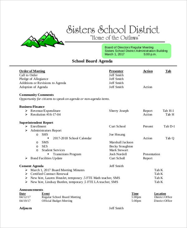 School Agenda 9 Examples Format Pdf Tips