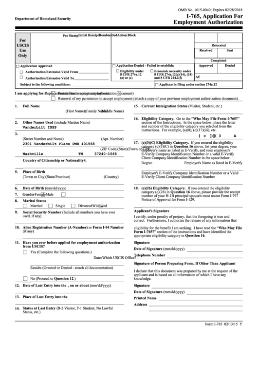 What Is Uscis Form I 765 Employment Authorization Document